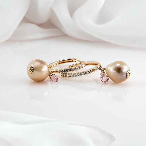 Baroque Pearl & Pink Topaz Hoop Earrings, 14K Gold Filled CZ Hoops - Picture 5 of 11